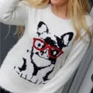 Black Rivet Fuzzy Sweater with Dog and Red Glasses